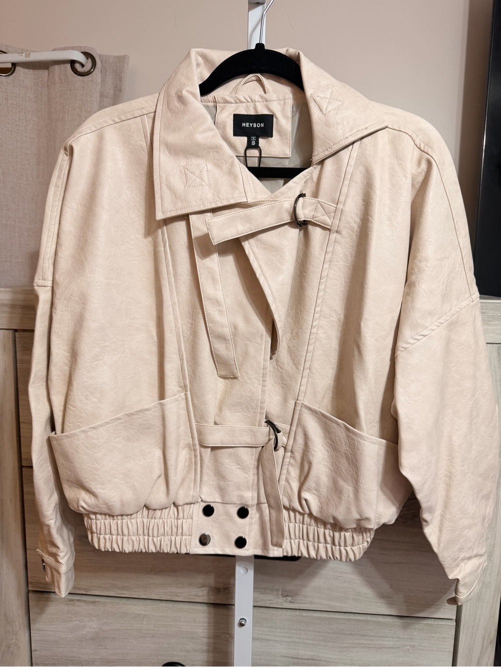 HEYSON Women's Light Cream Mineral Wash Vegan Leather Bomber Jacket